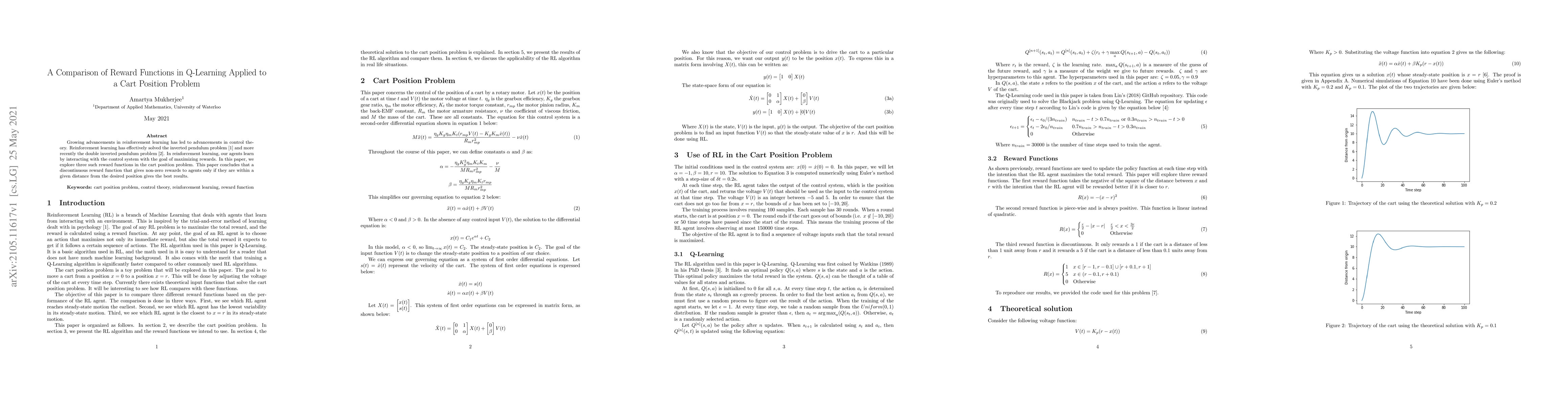 Thumbnail for A Comparison of Reward Functions in Q-Learning Applied to a Cart
  Position Problem