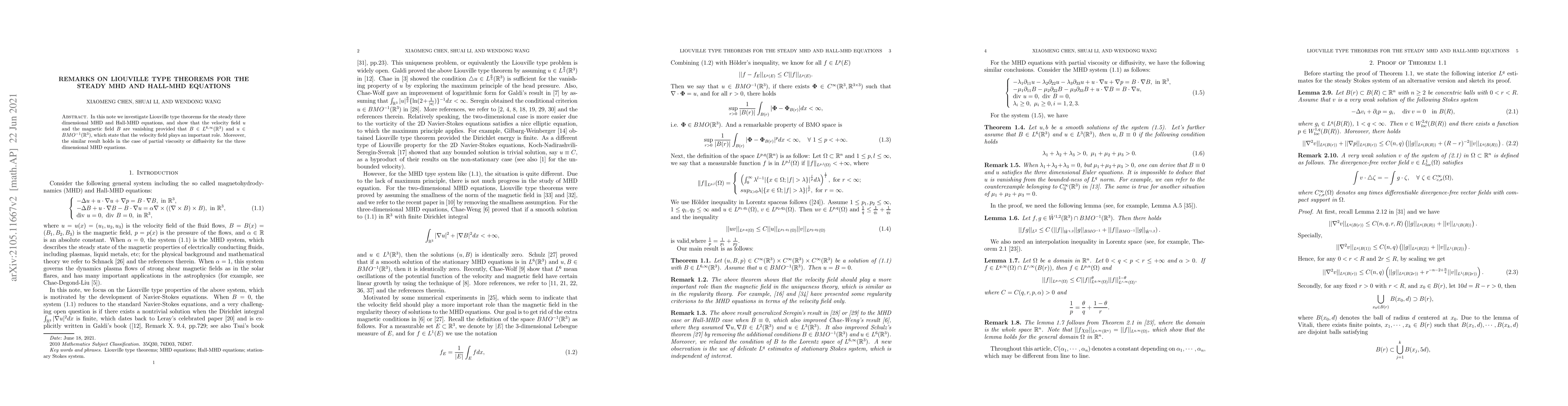 Thumbnail for Remarks on Liouville type theorems for the steady MHD and Hall-MHD
  equations