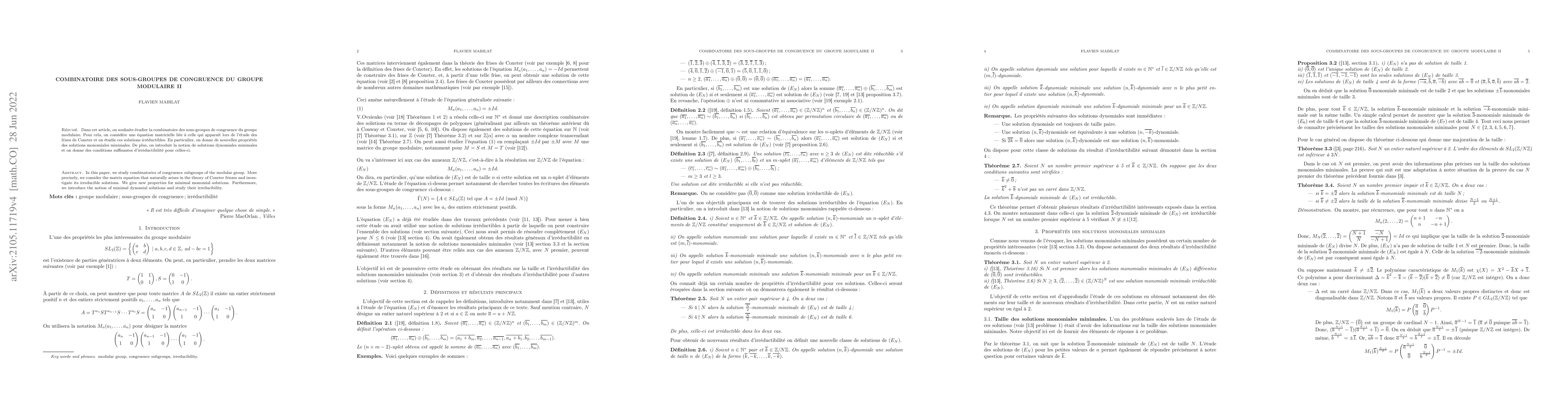 Thumbnail for Combinatoire des Sous-Groupes de Congruence du Groupe Modulaire II