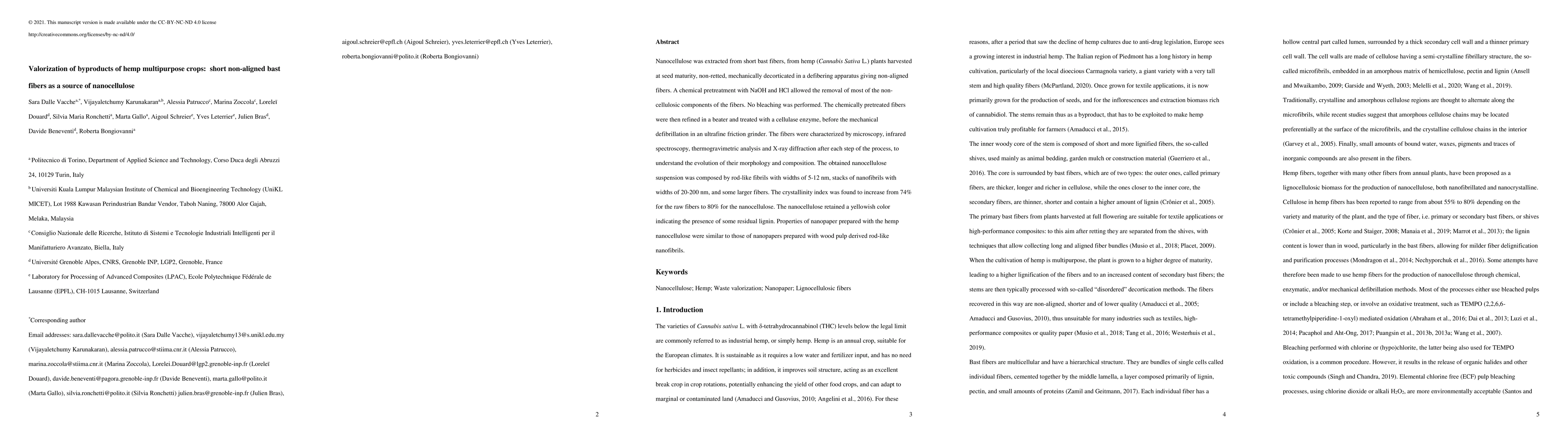Thumbnail for Valorization of byproducts of hemp multipurpose crops: short non-aligned
  bast fibers as a source of nanocellulose