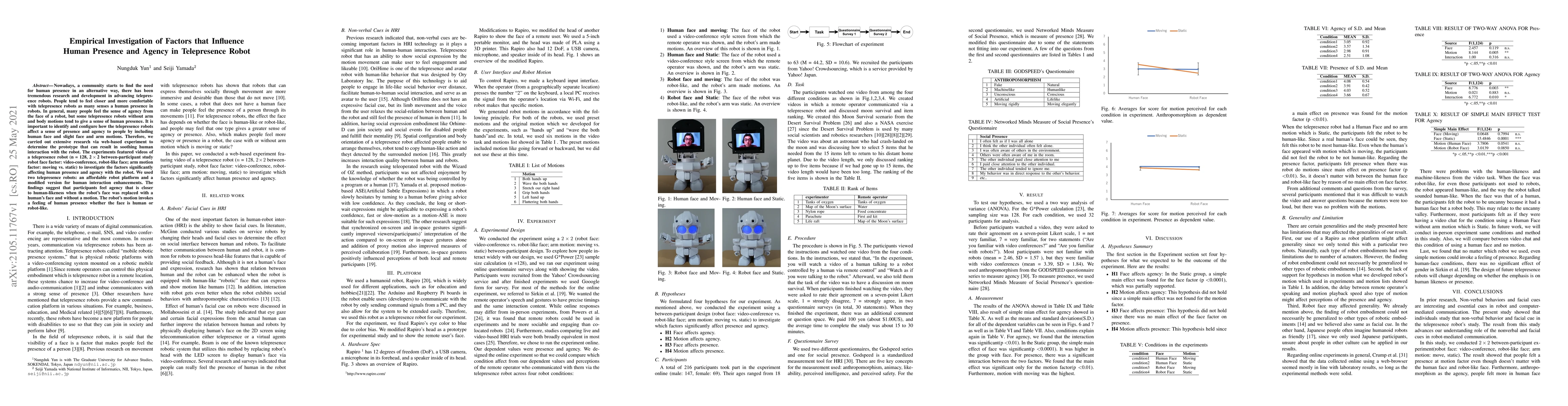 Thumbnail for Empirical Investigation of Factors that Influence Human Presence and
  Agency in Telepresence Robot