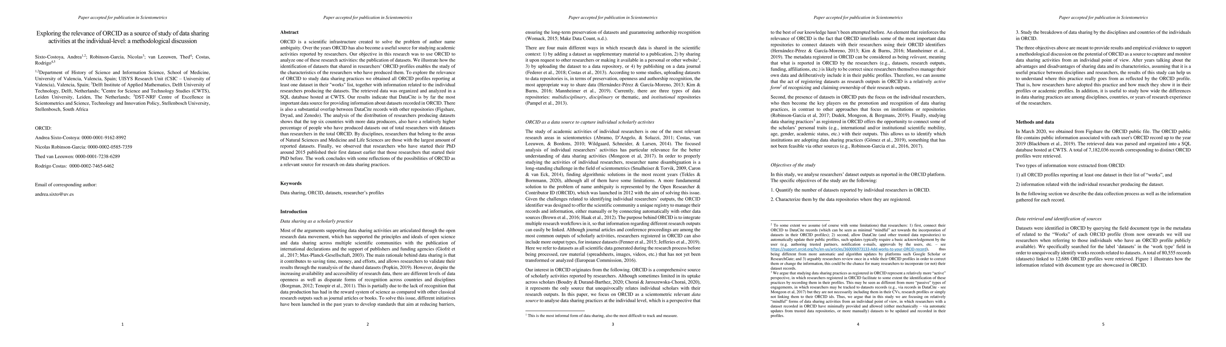 Thumbnail for Exploring the relevance of ORCID as a source of study of data sharing
  activities at the individual-level: a methodological discussion