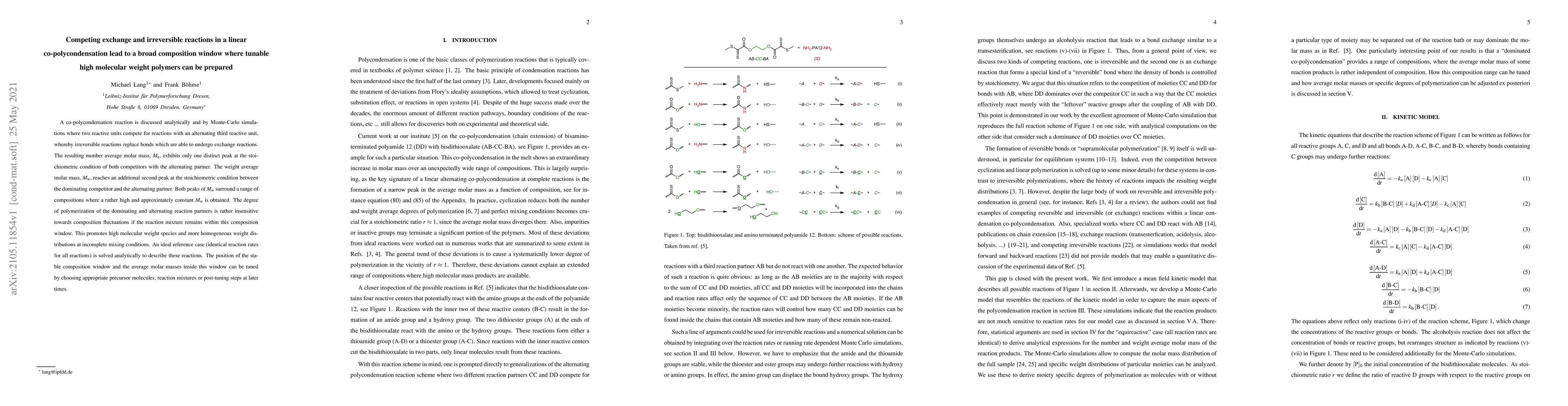 Thumbnail for Competing exchange and irreversible reactions in a linear
  co-polycondensation lead to a broad composition window where tunable high
  molecular weight polymers can be prepared