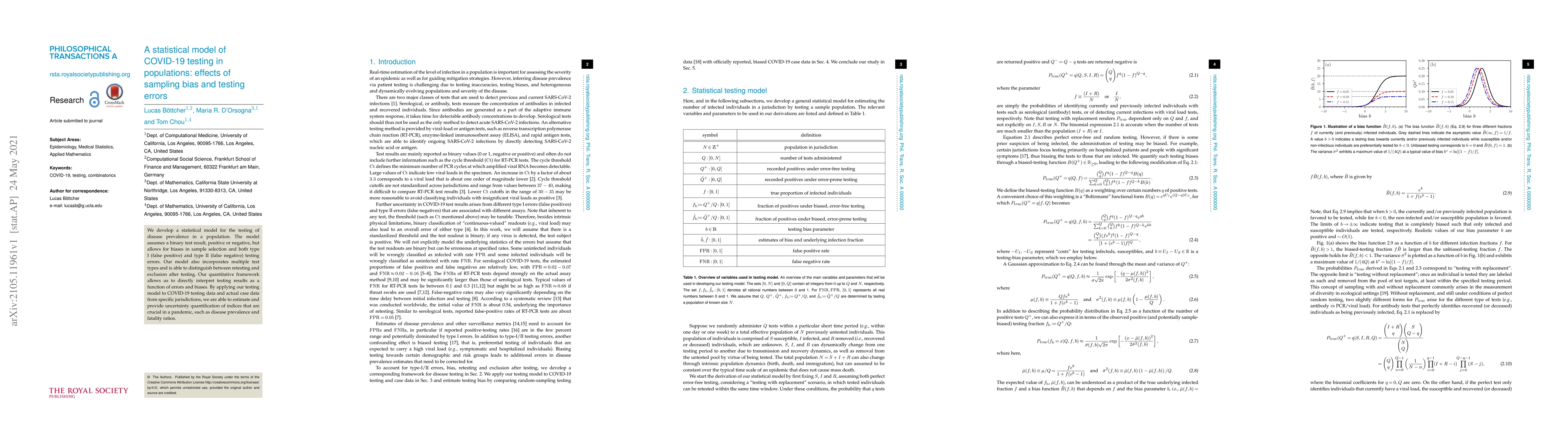 Thumbnail for A statistical model of COVID-19 testing in populations: effects of
  sampling bias and testing errors