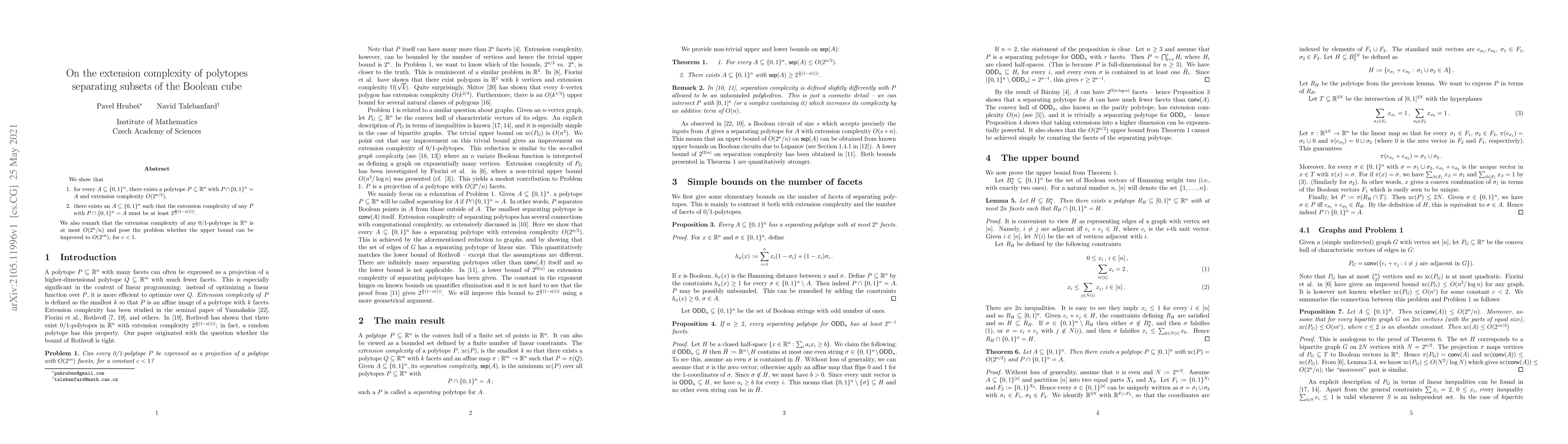 Thumbnail for On the extension complexity of polytopes separating subsets of the
  Boolean cube