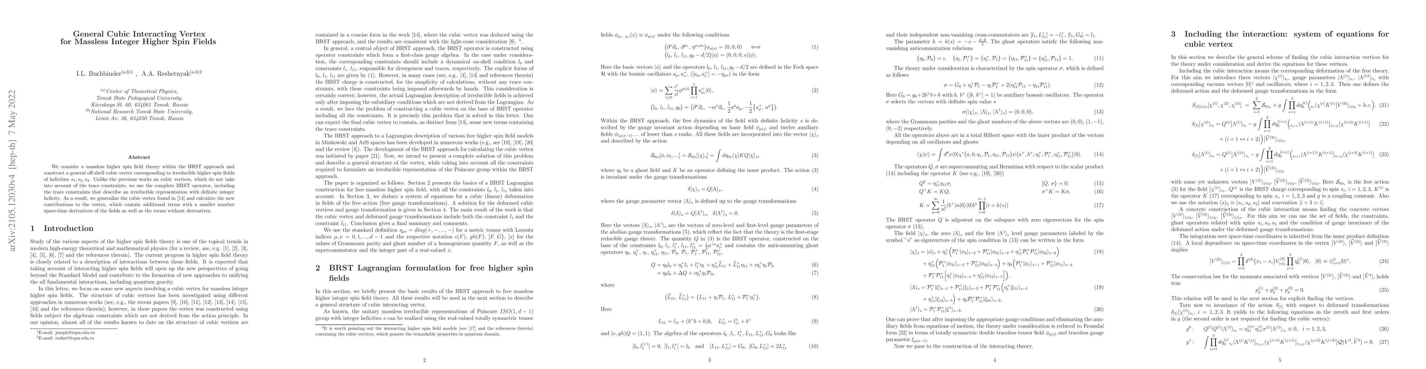Thumbnail for General Cubic Interacting Vertex for Massless Integer Higher Spin Fields