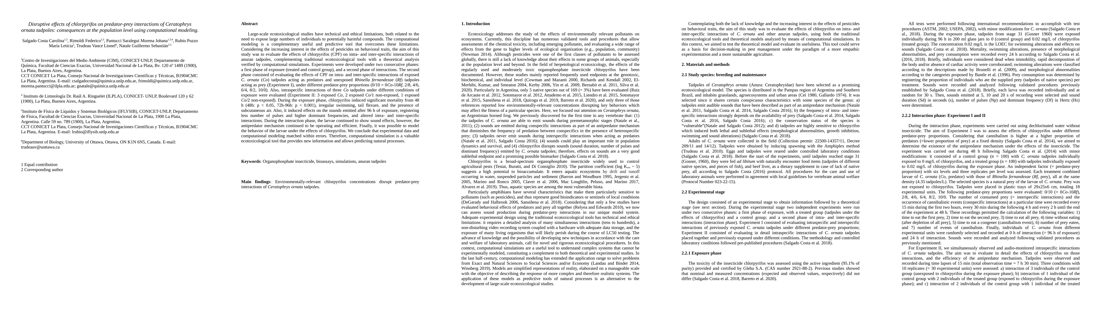 Thumbnail for Disruptive effects of chlorpyrifos on predator-prey interactions of
  Ceratophrys ornata tadpoles: consequences at the population level using
  computational modeling