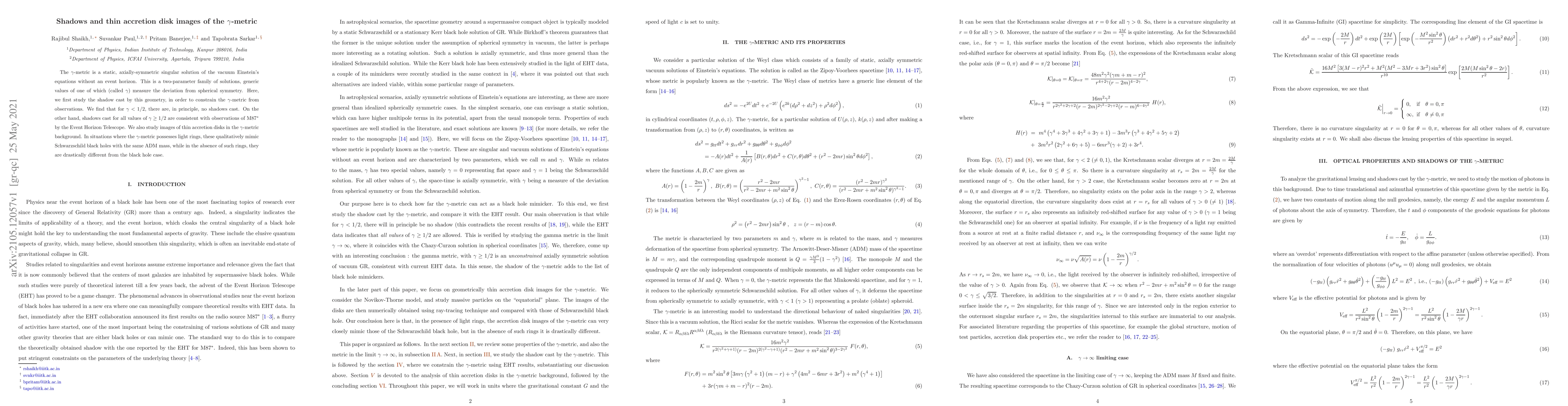 Thumbnail for Shadows and thin accretion disk images of the $\gamma$-metric