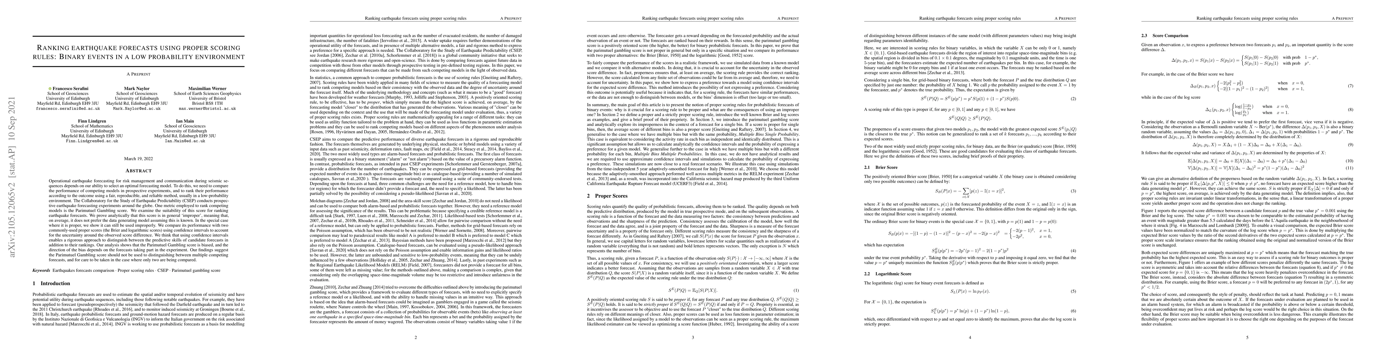 Thumbnail for Ranking earthquake forecasts using proper scoring rules: Binary events
  in a low probability environment