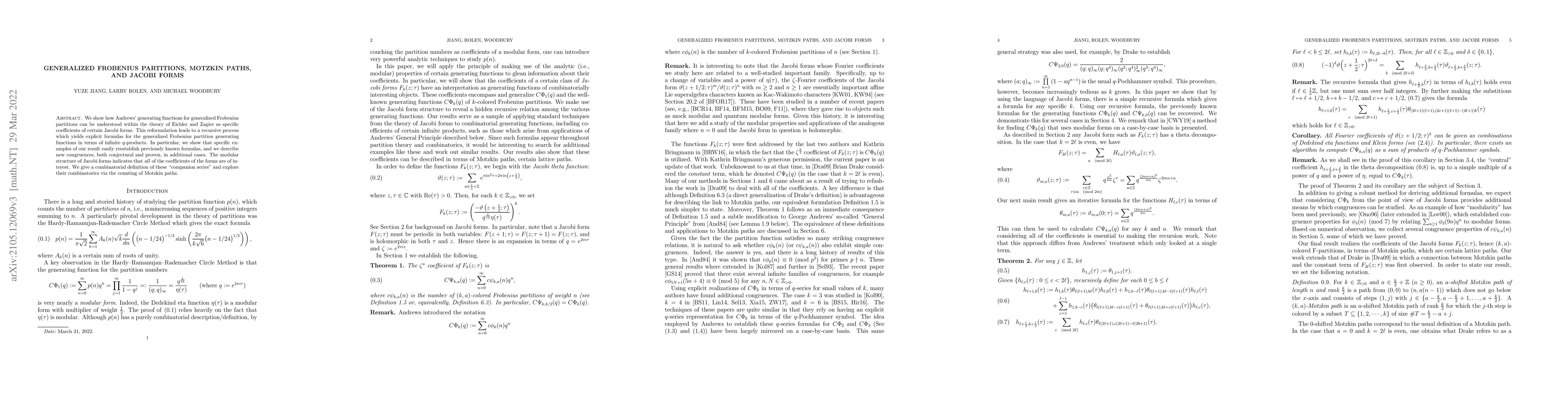 Thumbnail for Generalized Frobenius partitions, Motzkin paths, and Jacobi forms