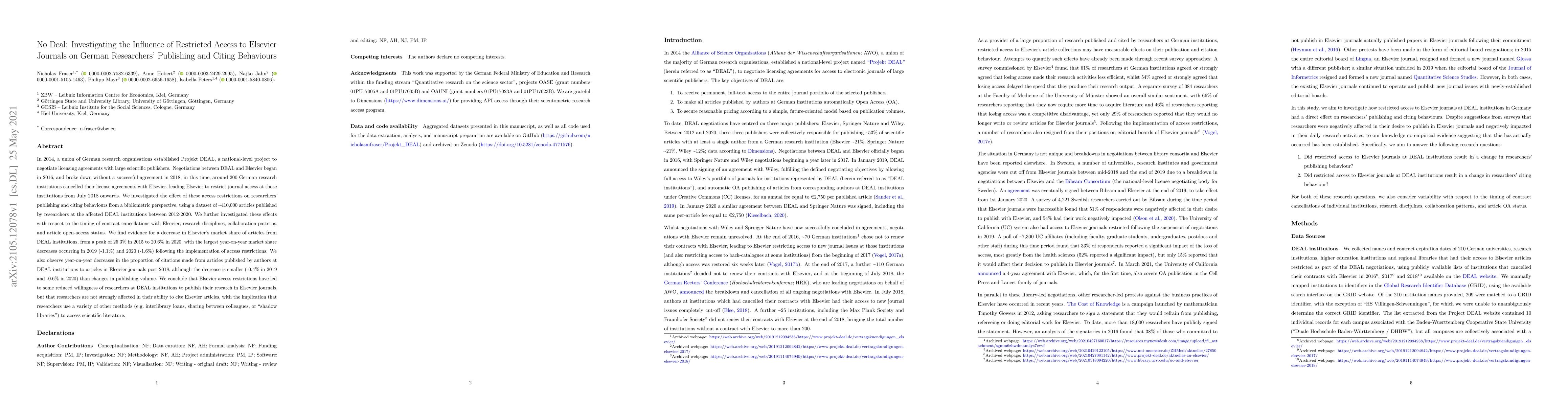 Thumbnail for No Deal: Investigating the Influence of Restricted Access to Elsevier
  Journals on German Researchers' Publishing and Citing Behaviours