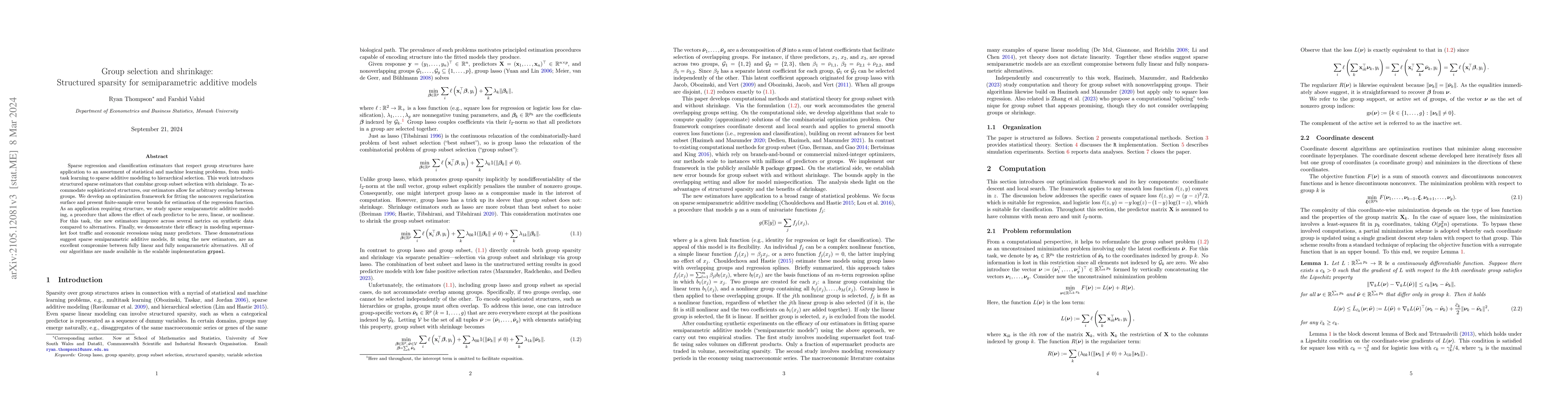 Thumbnail for Group selection and shrinkage: Structured sparsity for semiparametric
  additive models