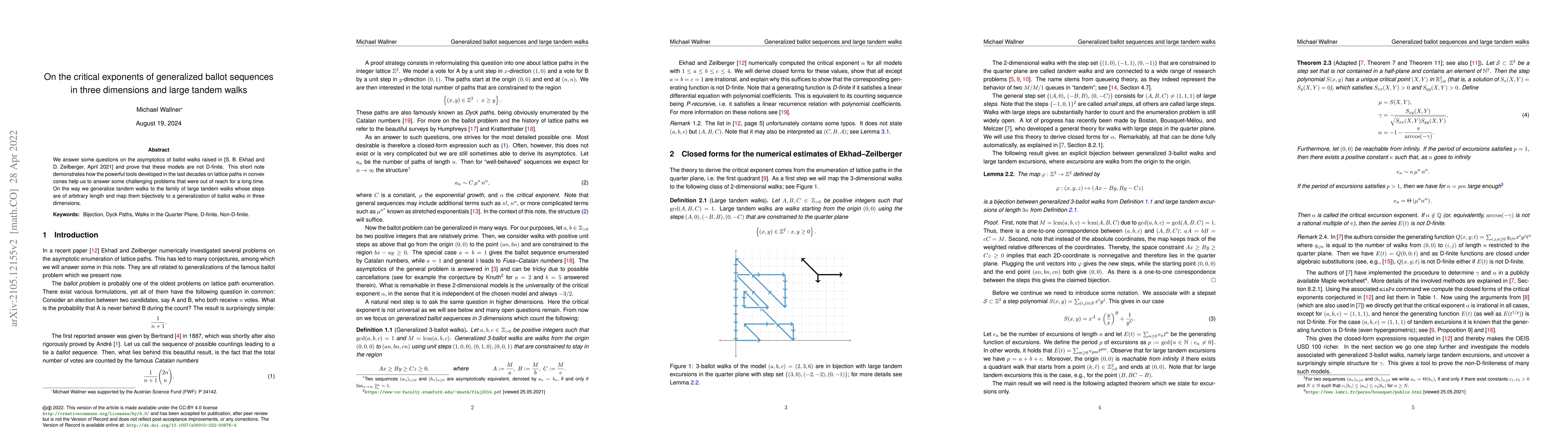 Thumbnail for On the critical exponents of generalized ballot sequences in three
  dimensions and large tandem walks