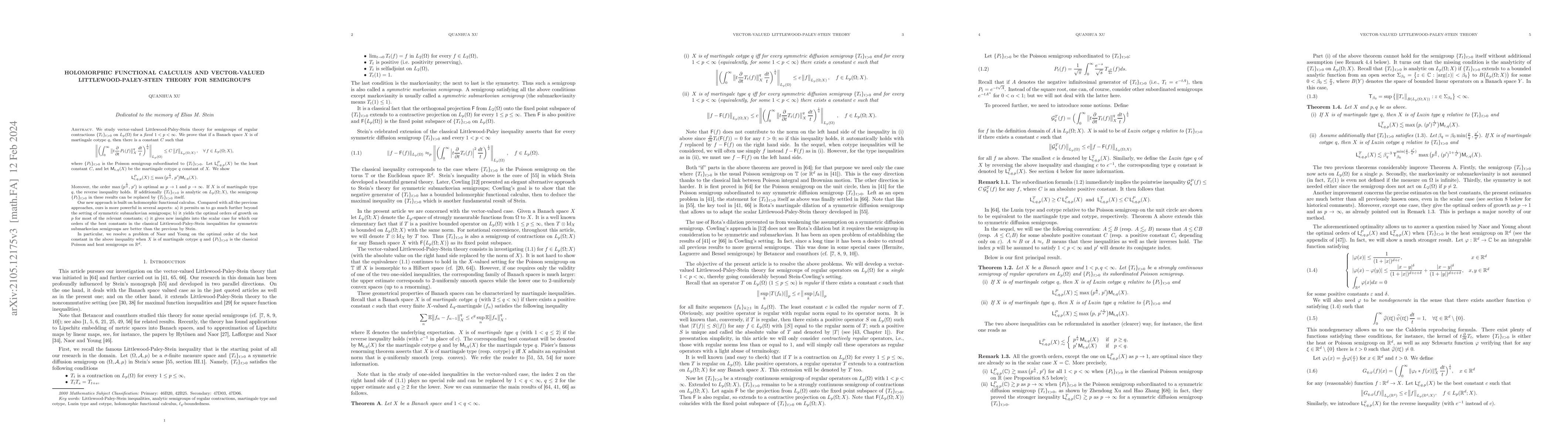 Thumbnail for Holomorphic functional calculus and vector-valued Littlewood-Paley-Stein
  theory for semigroups