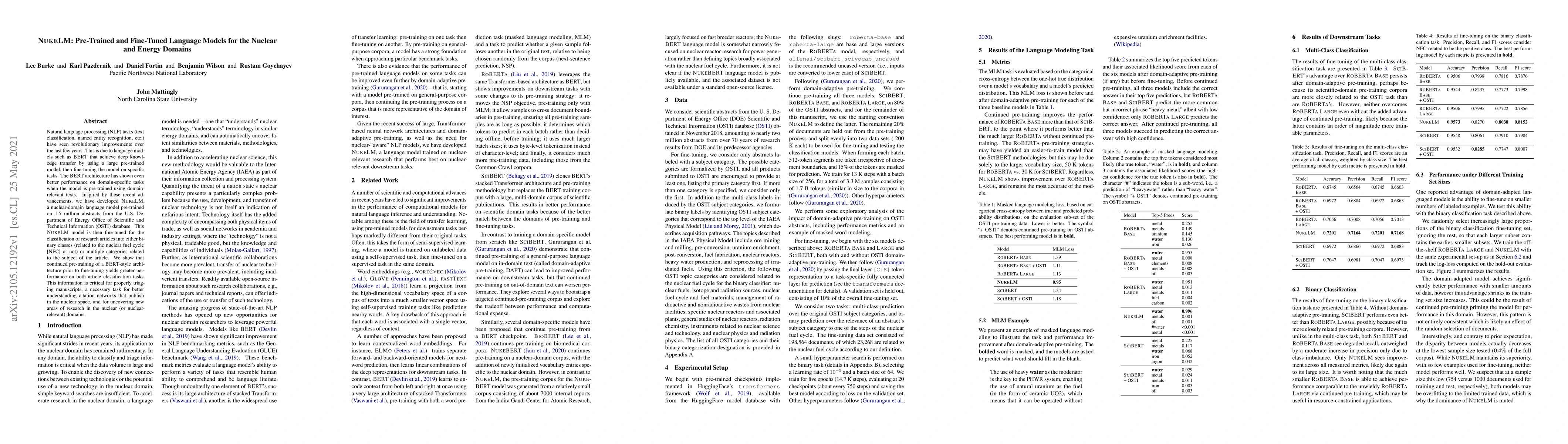 Thumbnail for NukeLM: Pre-Trained and Fine-Tuned Language Models for the Nuclear and
  Energy Domains