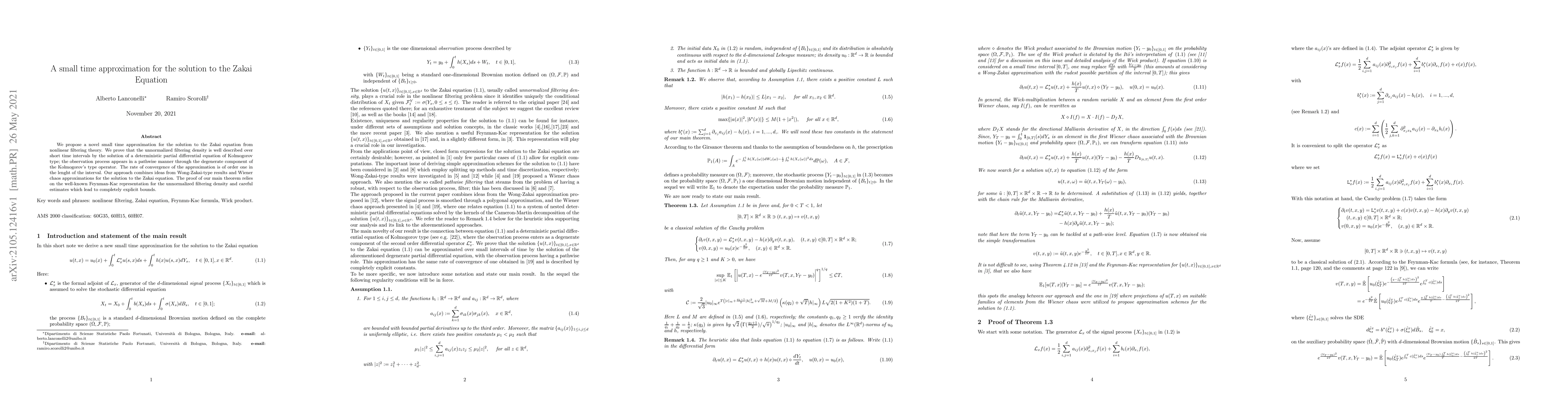 Thumbnail for A small time approximation for the solution to the Zakai Equation