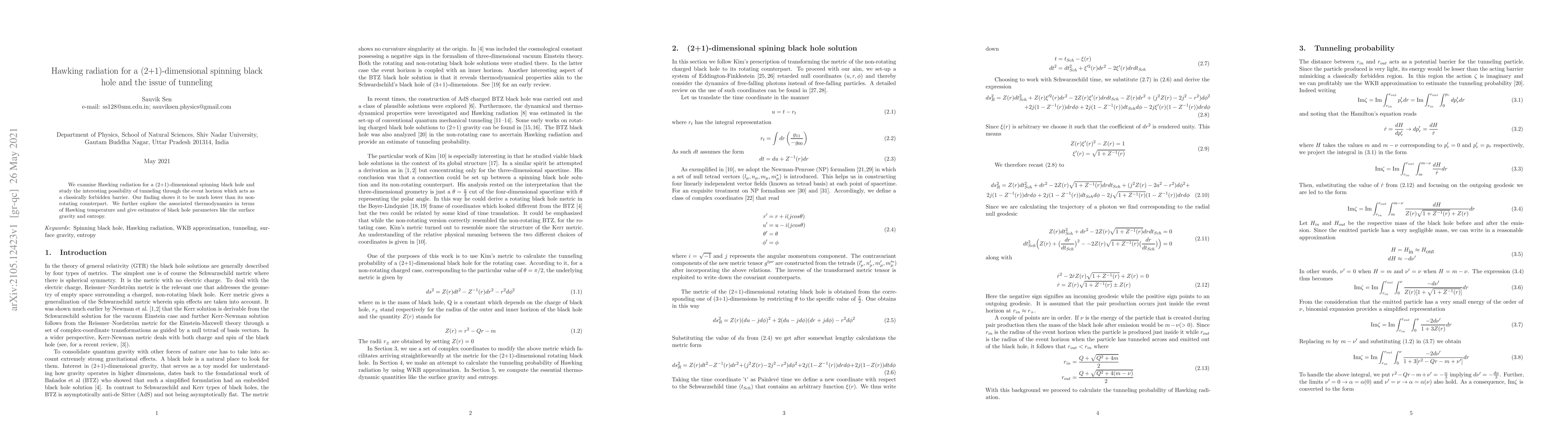 Thumbnail for Hawking radiation for a (2+1)-dimensional spinning black hole and the
  issue of tunneling