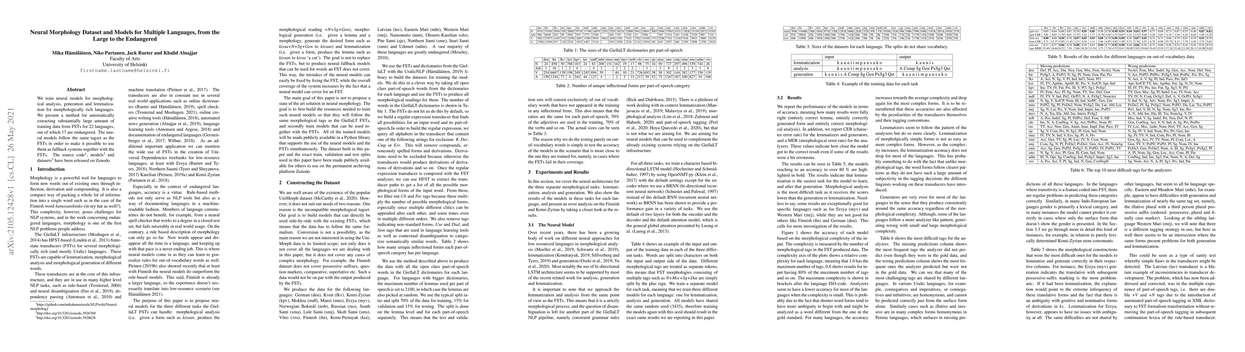 Thumbnail for Neural Morphology Dataset and Models for Multiple Languages, from the
  Large to the Endangered