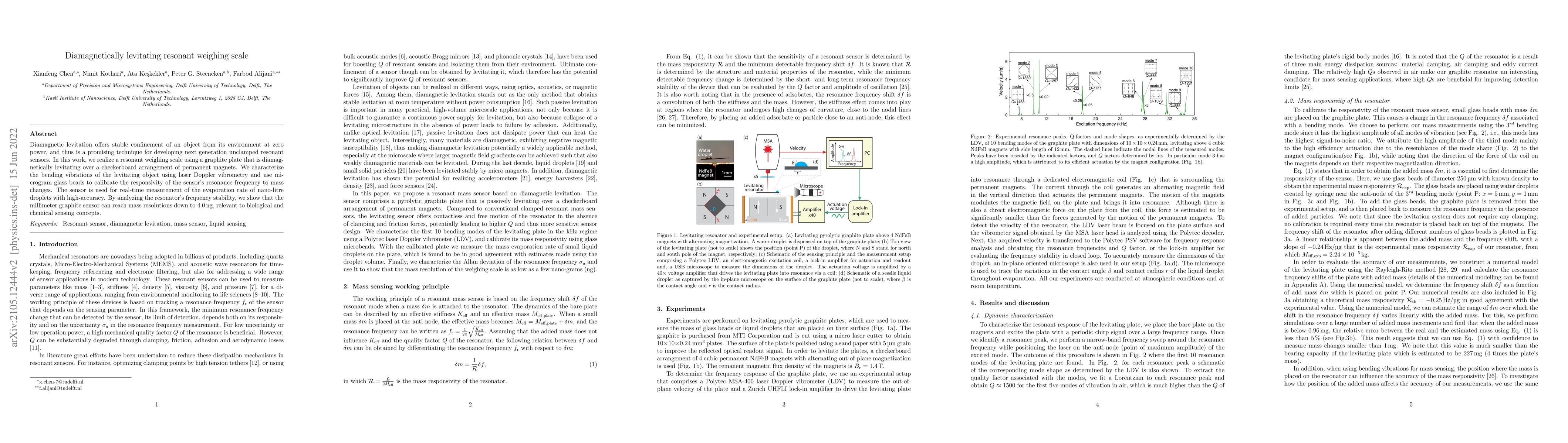 Thumbnail for Diamagnetically levitating resonant weighing scale