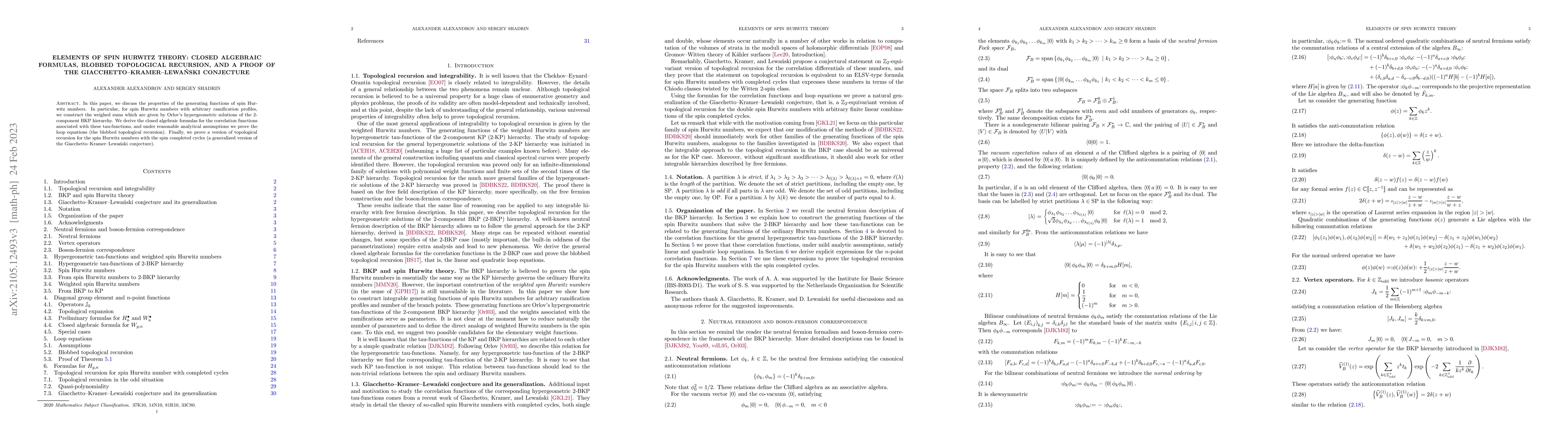 Thumbnail for Elements of spin Hurwitz theory: closed algebraic formulas, blobbed
  topological recursion, and a proof of the Giacchetto-Kramer-Lewanski
  conjecture