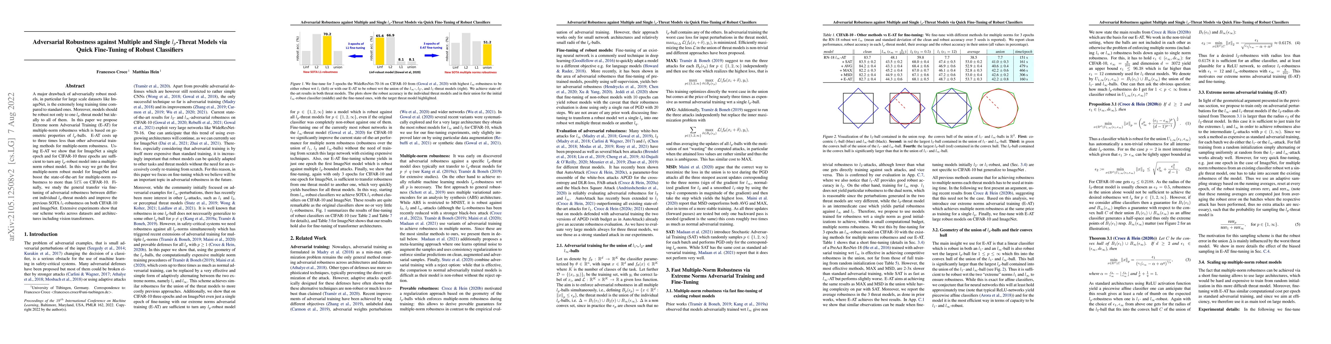 Thumbnail for Adversarial Robustness against Multiple and Single $l_p$-Threat Models
  via Quick Fine-Tuning of Robust Classifiers