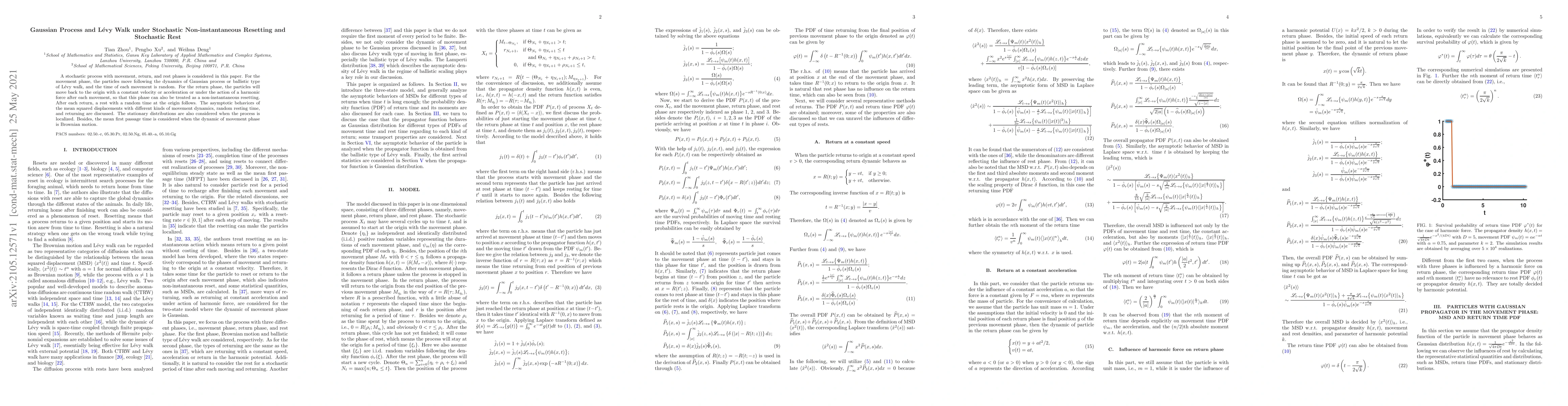 Thumbnail for Gaussian Process and Levy Walk under Stochastic Non-instantaneous
  Resetting and Stochastic Rest