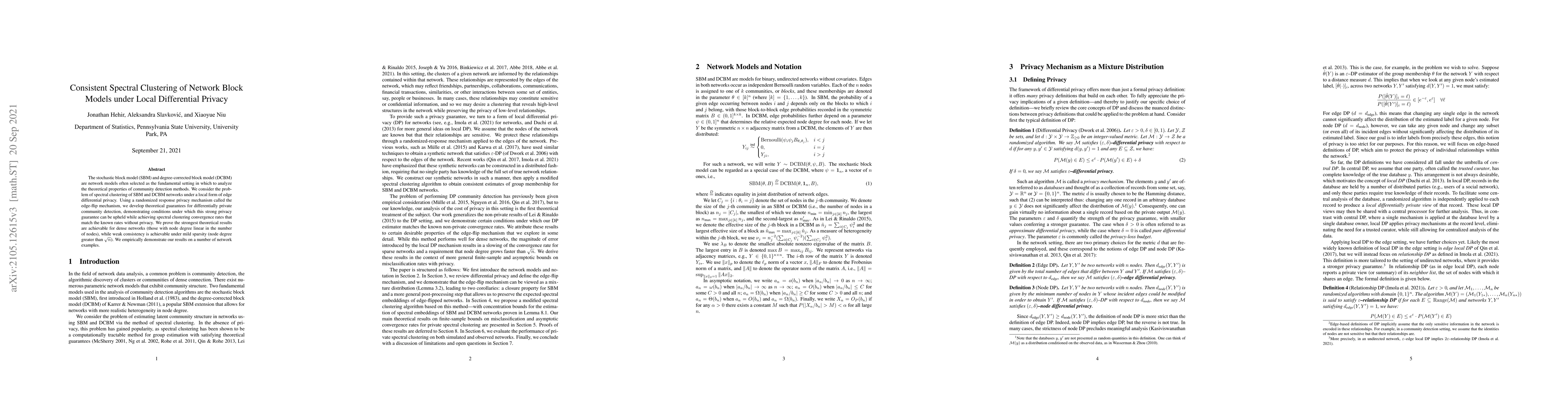 Thumbnail for Consistent Spectral Clustering of Network Block Models under Local
  Differential Privacy