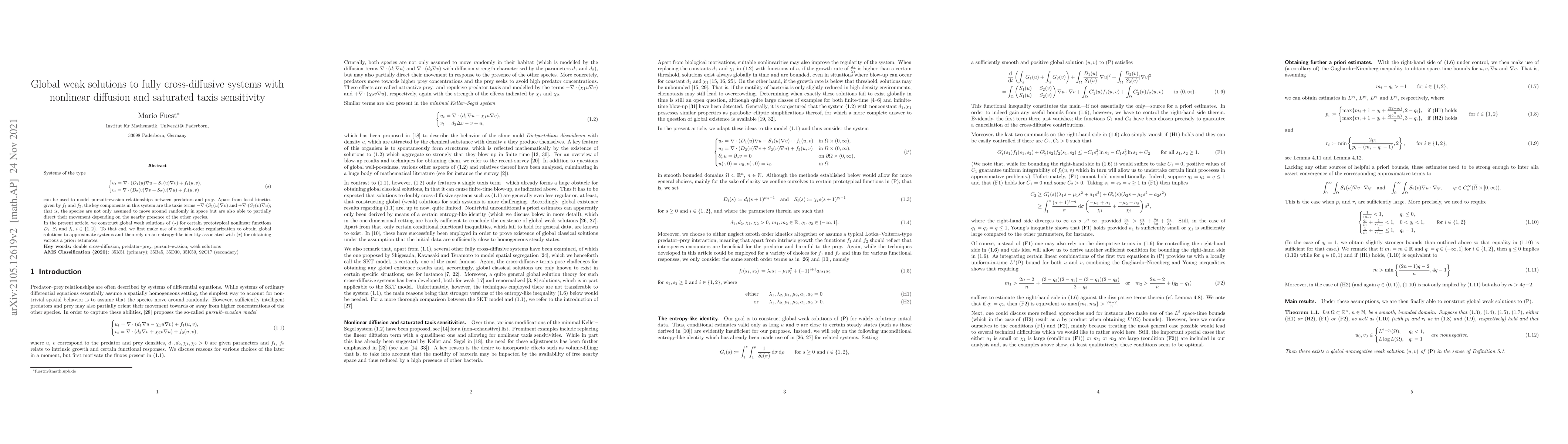 Thumbnail for Global weak solutions to fully cross-diffusive systems with nonlinear
  diffusion and saturated taxis sensitivity