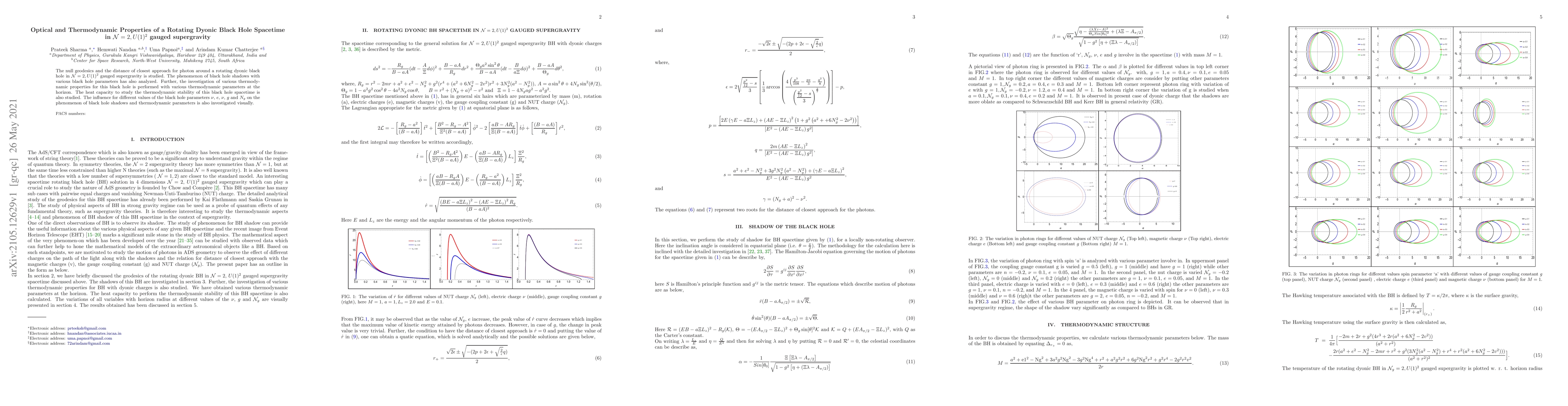 Thumbnail for Optical and Thermodynamic Properties of a Rotating Dyonic Black Hole
  Spacetime in $\mathcal{N} = 2, U(1)^2$ gauged supergravity