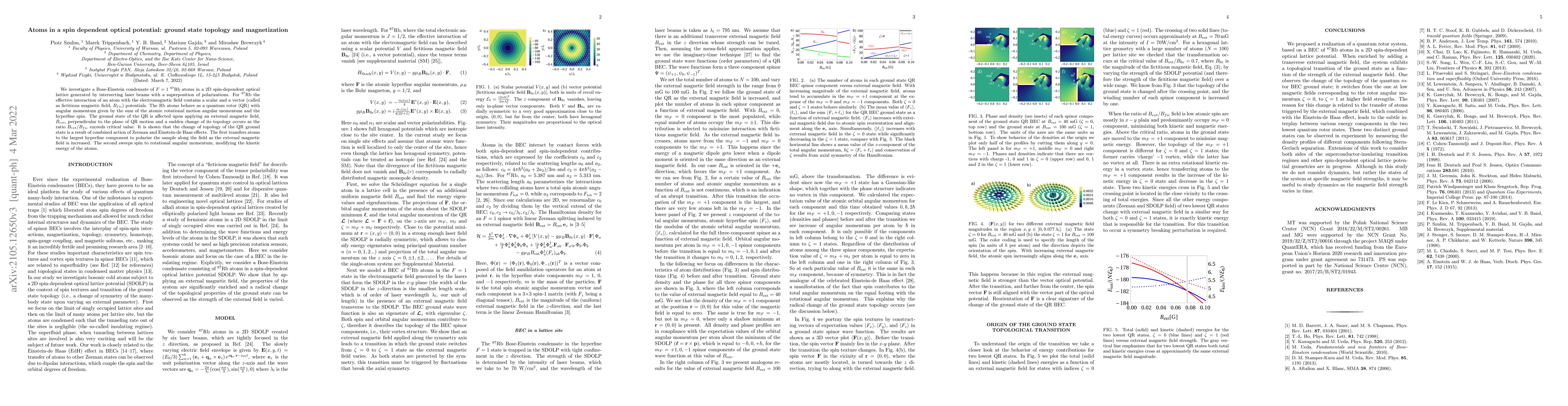 Thumbnail for Atoms in a spin dependent optical potential: ground state topology and
  magnetization