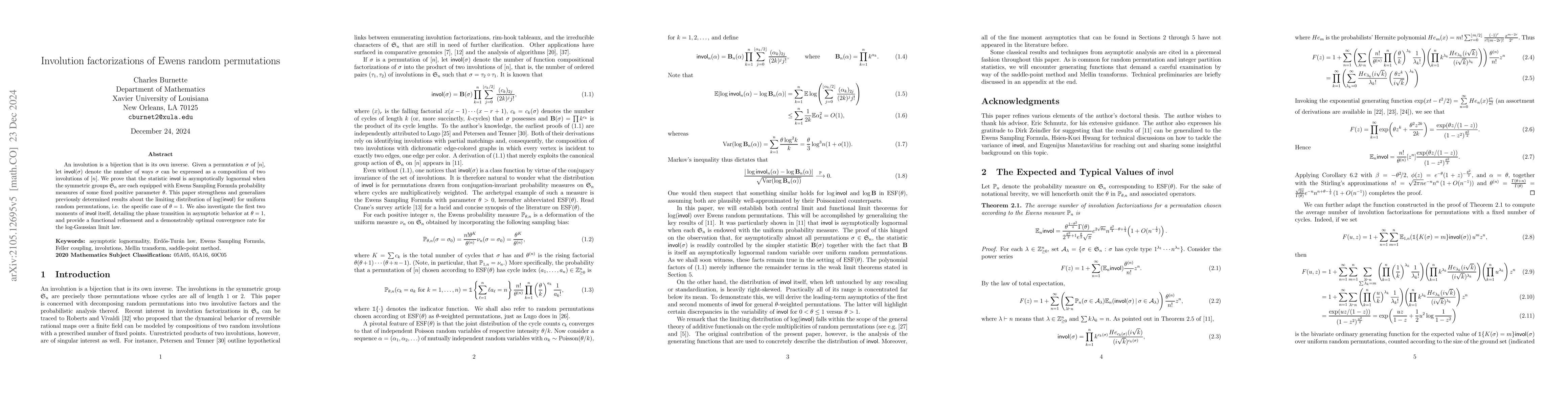Thumbnail for Involution factorizations of Ewens random permutations