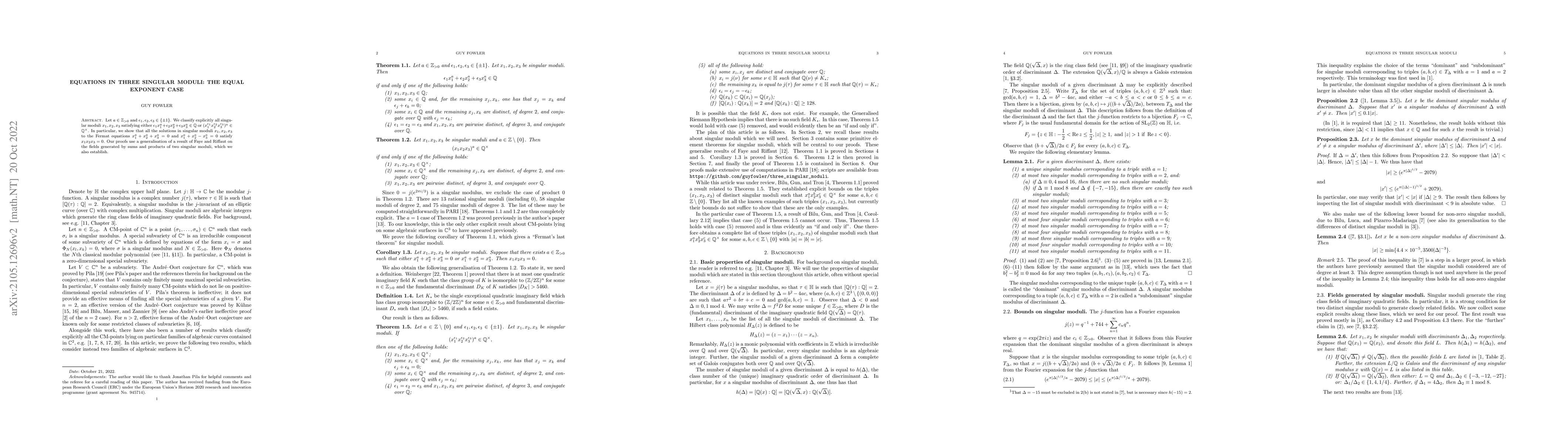 Thumbnail for Equations in three singular moduli: the equal exponent case