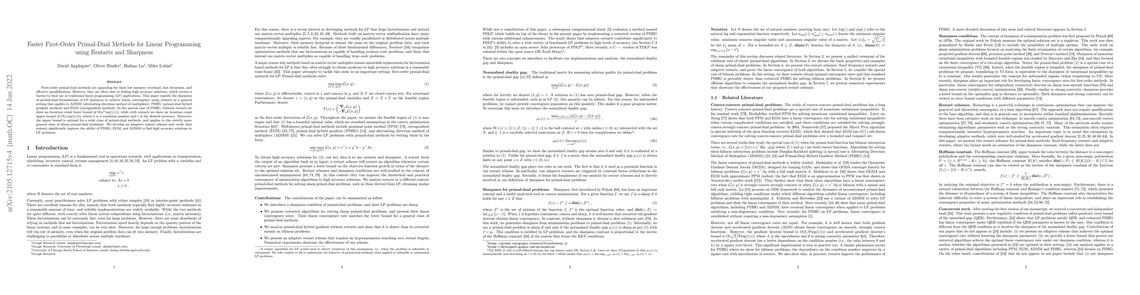 Thumbnail for Faster First-Order Primal-Dual Methods for Linear Programming using
  Restarts and Sharpness