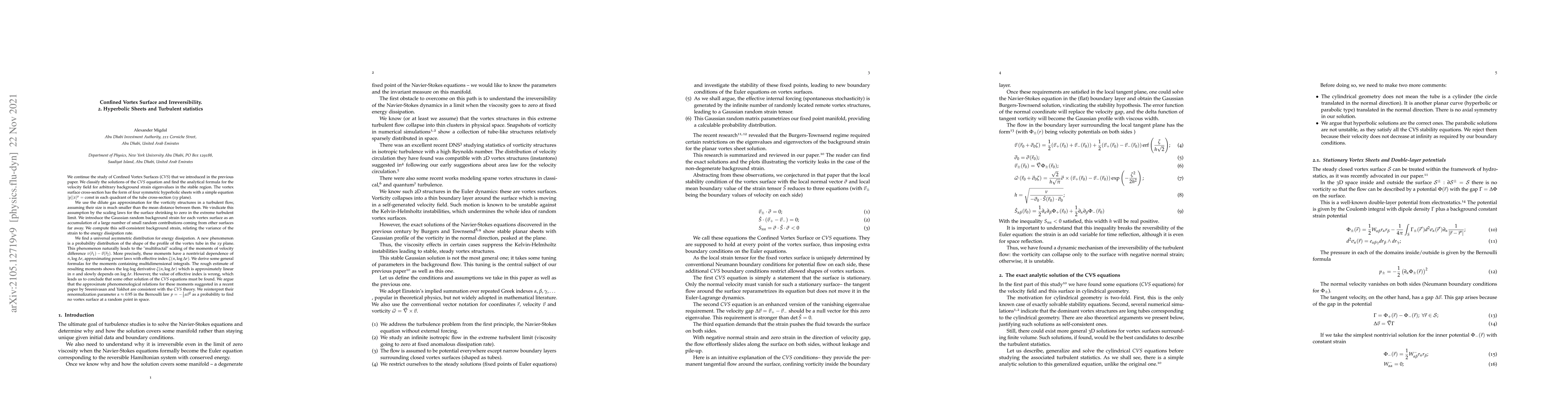 Thumbnail for Confined Vortex Surface and Irreversibility. 2. Hyperbolic Sheets and
  Turbulent statistics