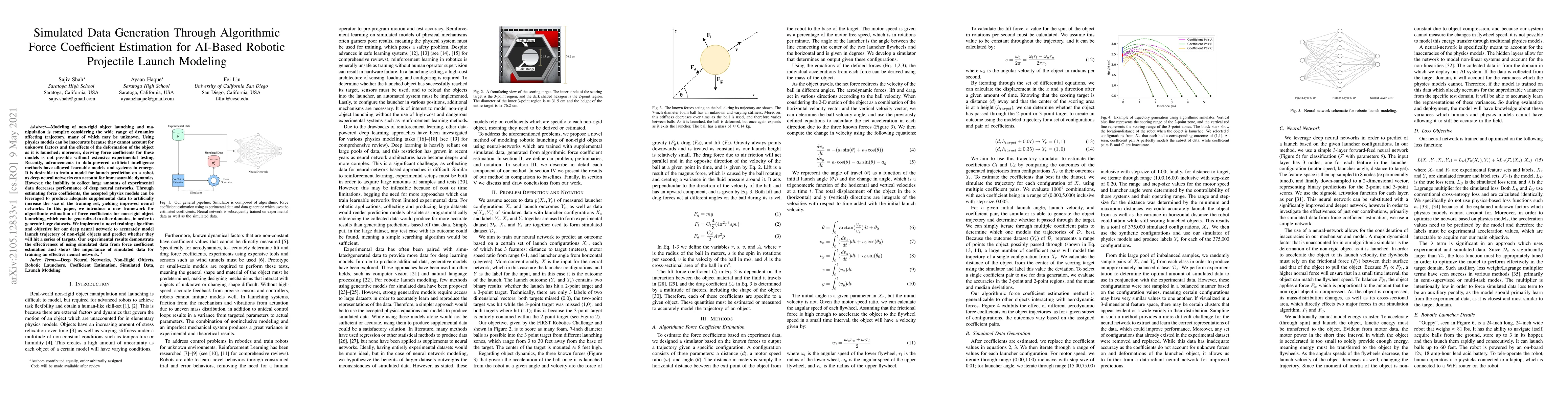 Thumbnail for Simulated Data Generation Through Algorithmic Force Coefficient
  Estimation for AI-Based Robotic Projectile Launch Modeling