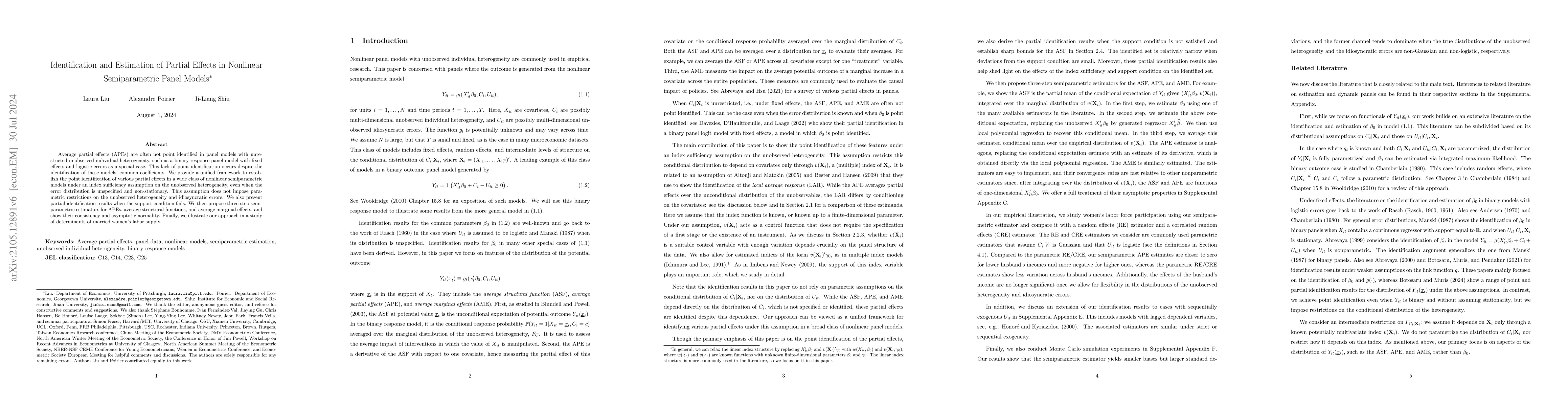 Thumbnail for Identification and Estimation of Partial Effects in Nonlinear
  Semiparametric Panel Models