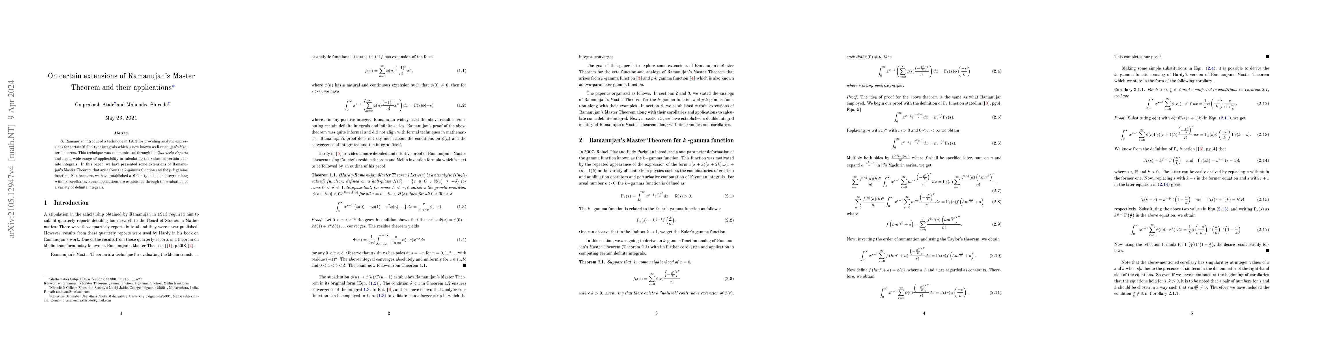 Thumbnail for On certain extensions of Ramanujan's Master Theorem and their
  applications