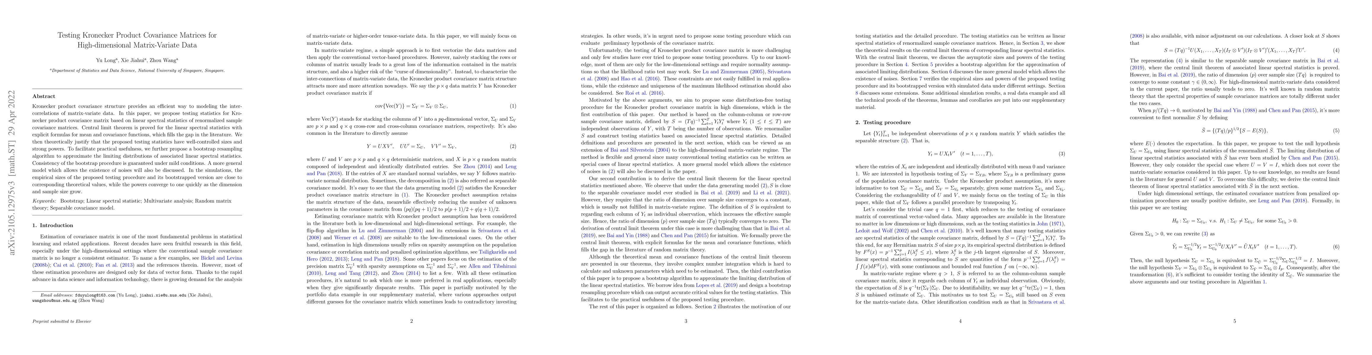 Thumbnail for Testing Kronecker Product Covariance Matrices for High-dimensional
  Matrix-Variate Data