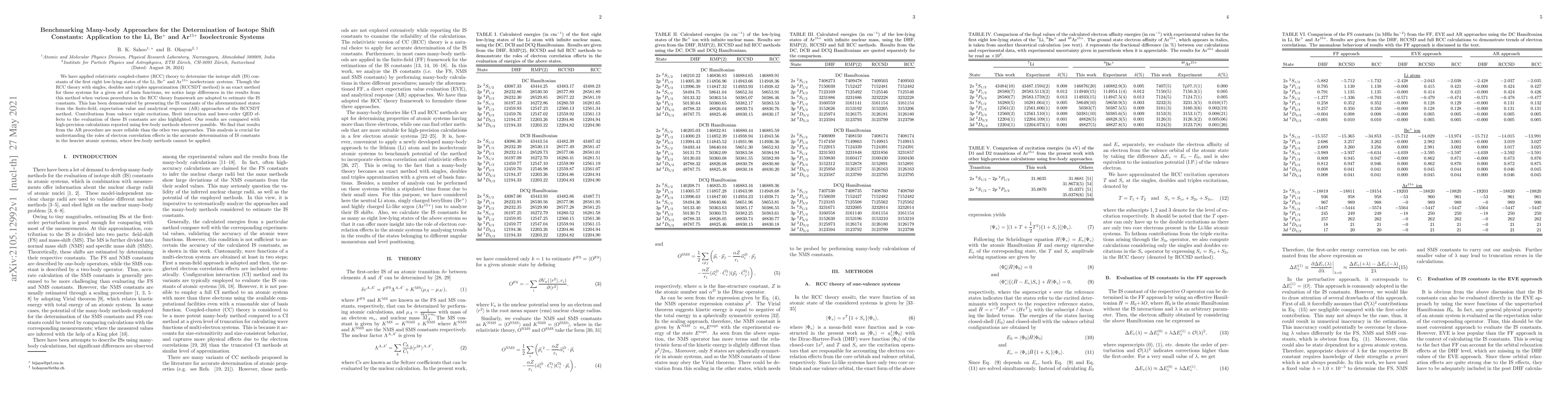 Thumbnail for Benchmarking Many-body Approaches for the Determination of Isotope Shift
  Constants: Application to the Li, Be$^+$ and Ar$^{15+}$ Isoelectronic Systems