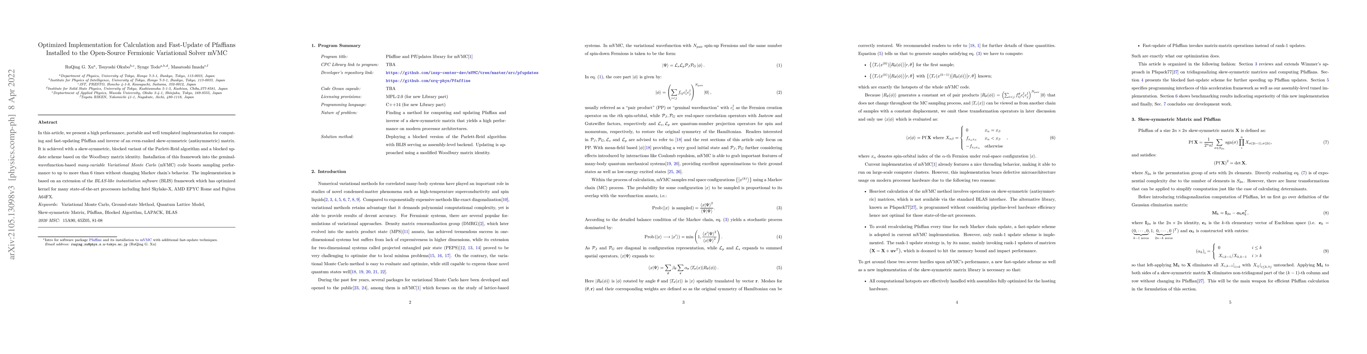 Thumbnail for Optimized Implementation for Calculation and Fast-Update of Pfaffians
  Installed to the Open-Source Fermionic Variational Solver mVMC