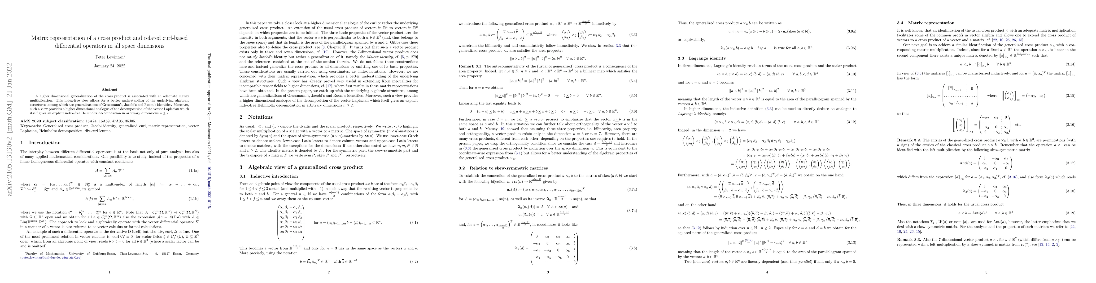 Thumbnail for Matrix representation of a cross product and related curl-based
  differential operators in all space dimensions