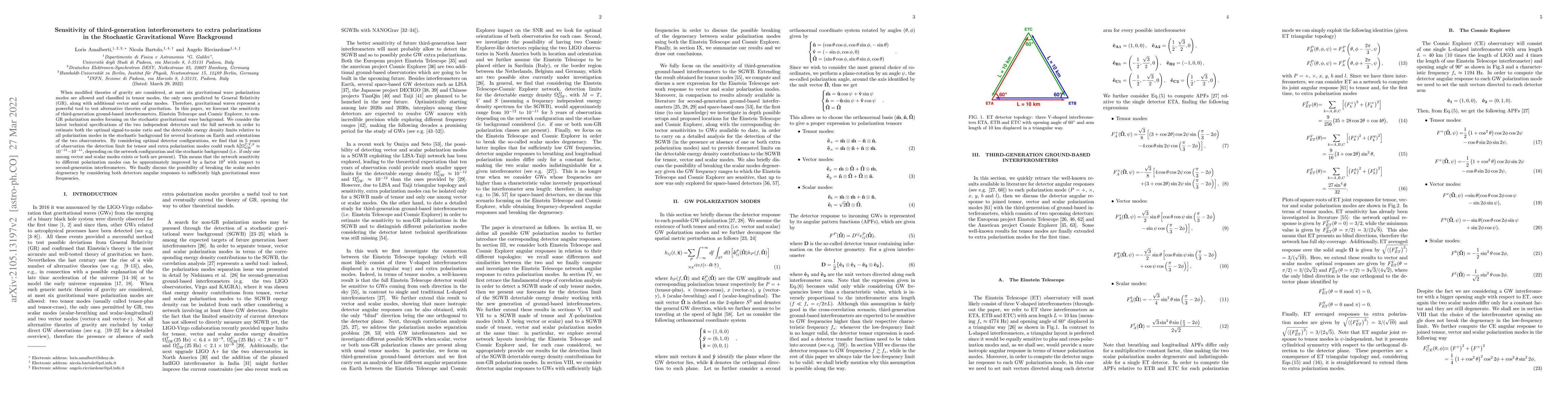 Thumbnail for Sensitivity of third-generation interferometers to extra polarizations
  in the Stochastic Gravitational Wave Background