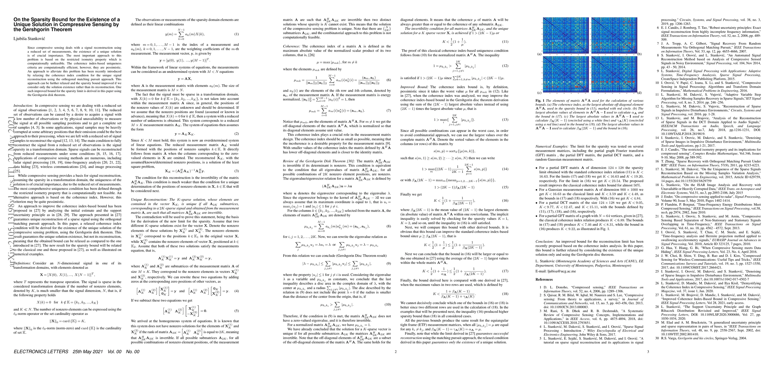 Thumbnail for On the Sparsity Bound for the Existence of a Unique Solution in
  Compressive Sensing by the Gershgorin Theorem