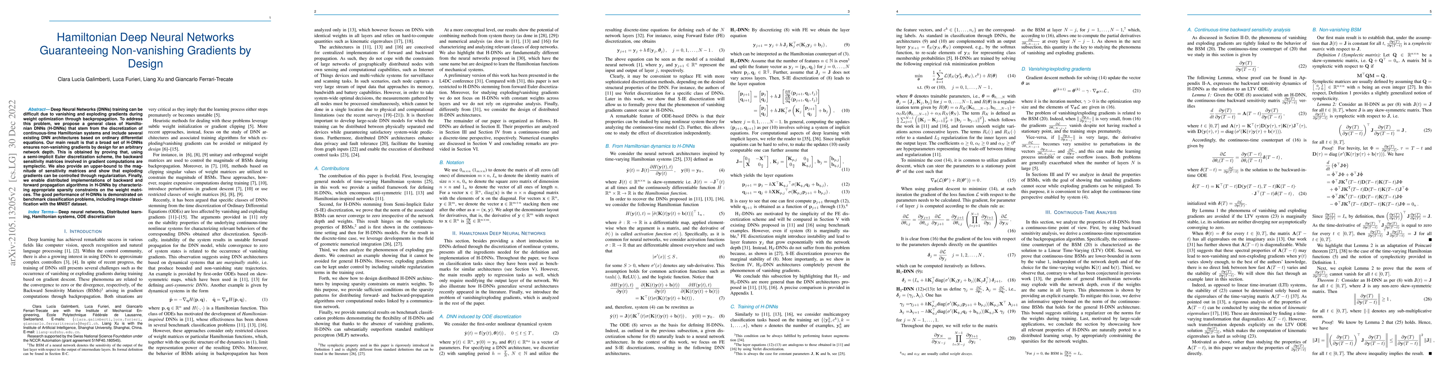 Thumbnail for Hamiltonian Deep Neural Networks Guaranteeing Non-vanishing Gradients by
  Design