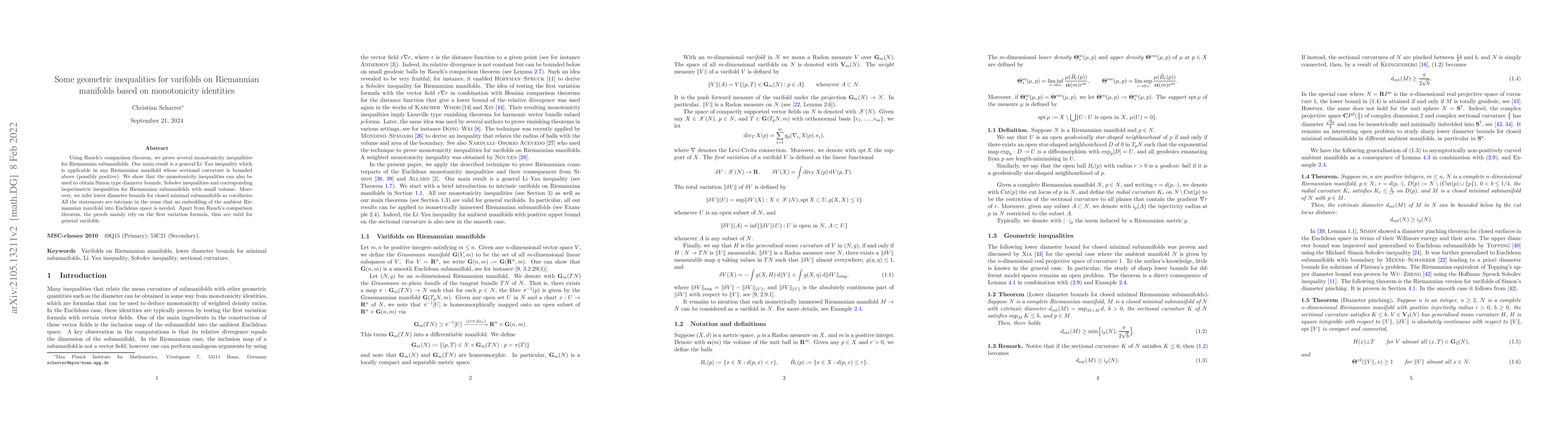 Thumbnail for Some geometric inequalities for varifolds on Riemannian manifolds based
  on monotonicity identities