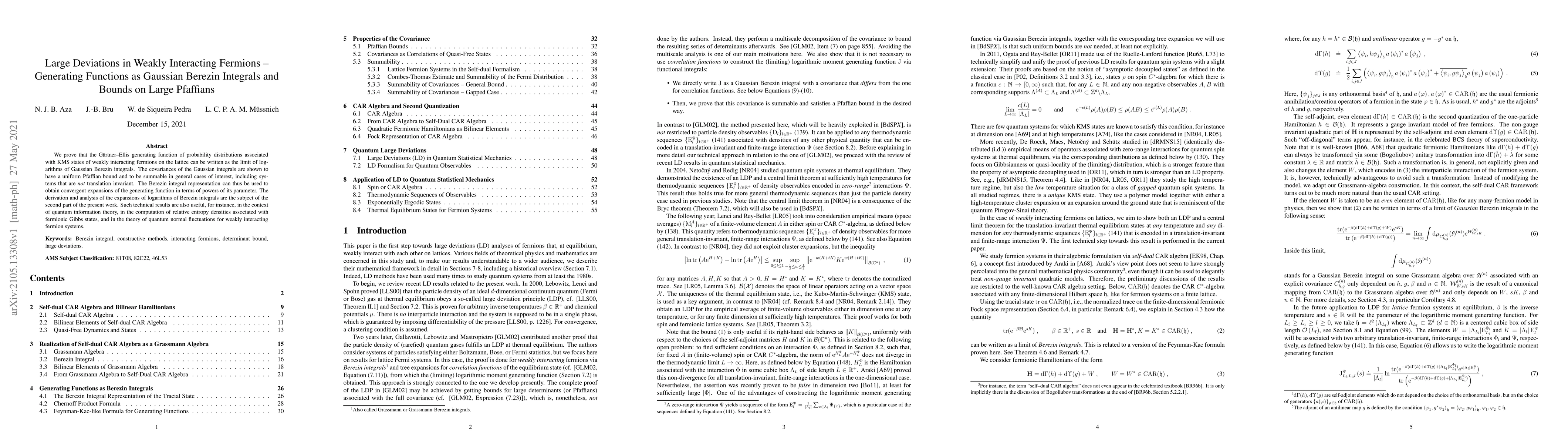Thumbnail for Large Deviations in Weakly Interacting Fermions -- Generating Functions
  as Gaussian Berezin Integrals and Bounds on Large Pfaffians
