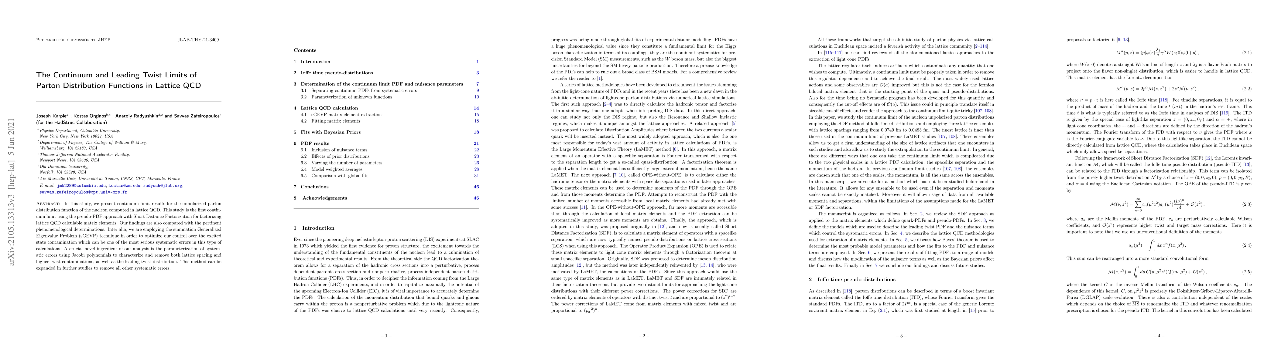 Thumbnail for The Continuum and Leading Twist Limits of Parton Distribution Functions
  in Lattice QCD