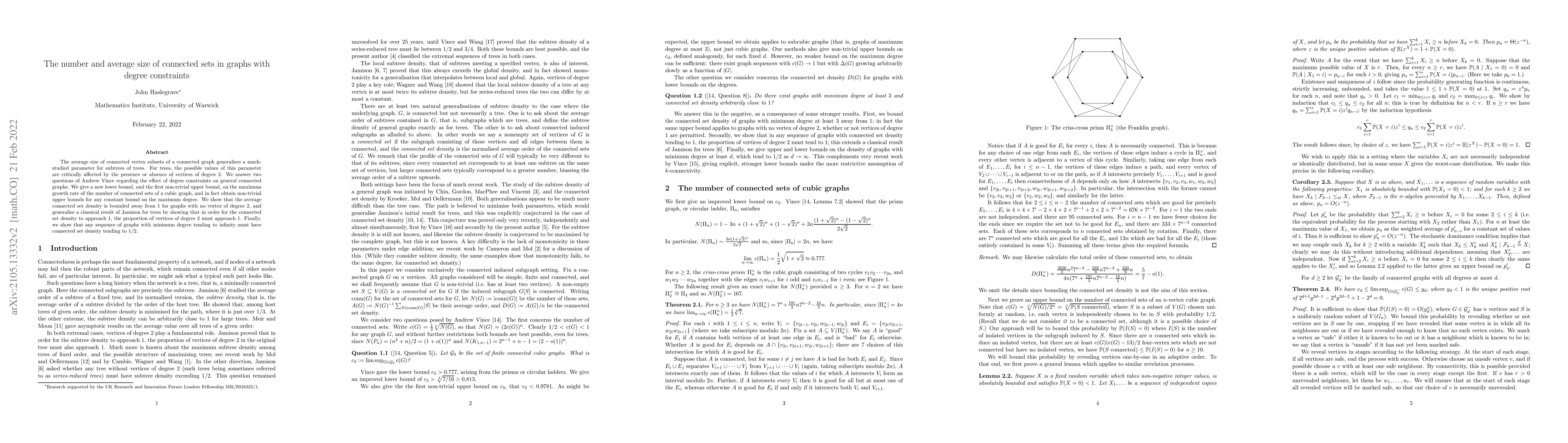 Thumbnail for The number and average size of connected sets in graphs with degree
  constraints