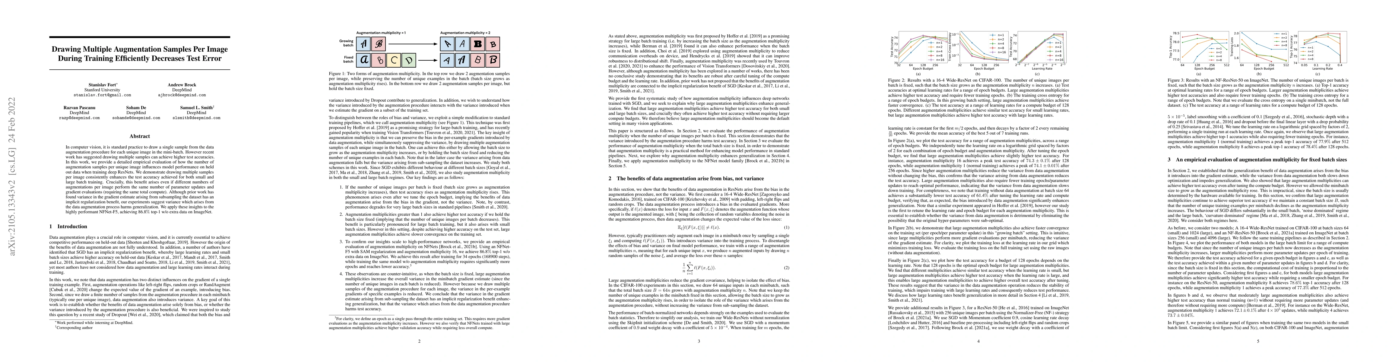 Thumbnail for Drawing Multiple Augmentation Samples Per Image During Training
  Efficiently Decreases Test Error