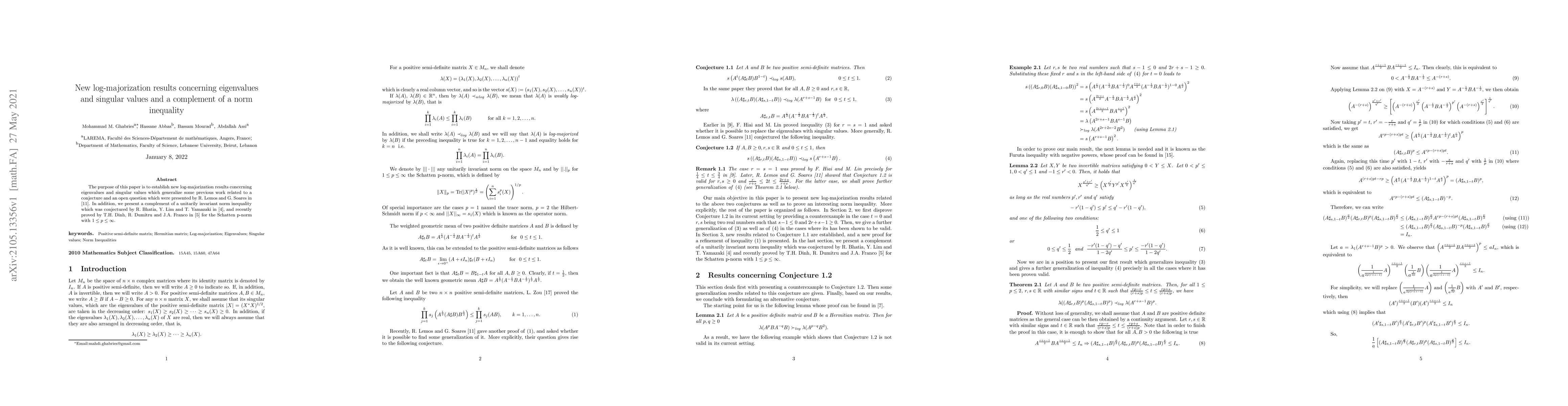 Thumbnail for New log-majorization results concerning eigenvalues and singular values
  and a complement of a norm inequality